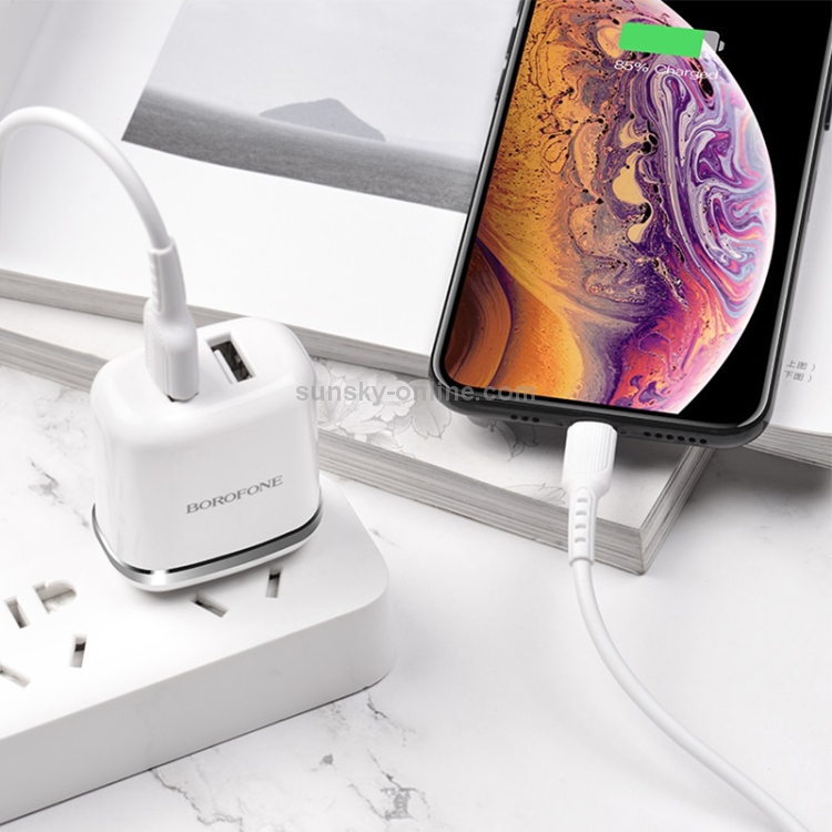 BOROFONE BA25 2.4A Outstanding Dual Port Charger Power Adapter Set with 8 Pin Charging Cable, US Plug(Black) BOROFONE BA25 2.4A Outstanding Dual Port Charger Power Adapter Set with 8 Pin Charging Cable, US Plug(Black)