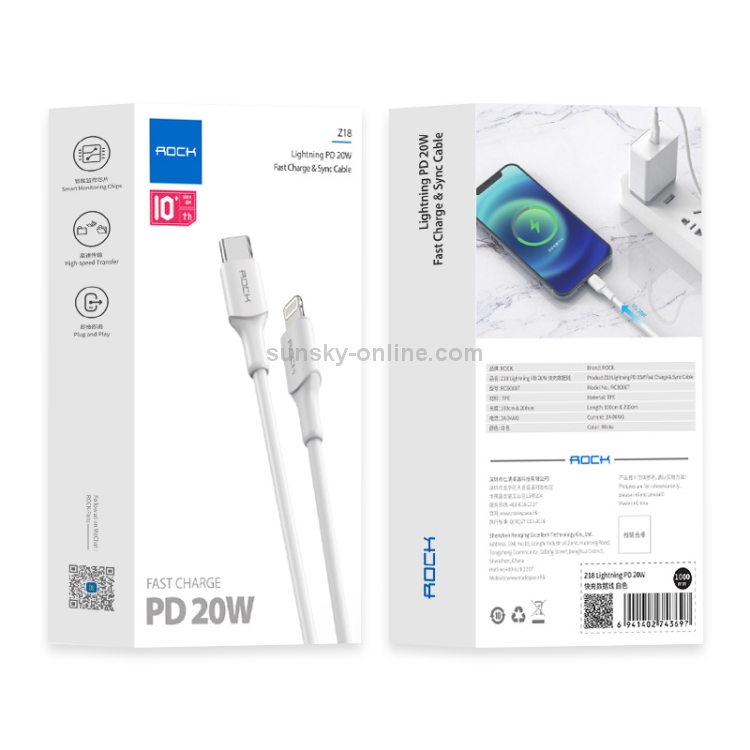 ROCK Z18 20W 3A PD USB-C / Type-C to 8 Pin Interface TPE Fast Charging Data Cable, Cable Length: 1m