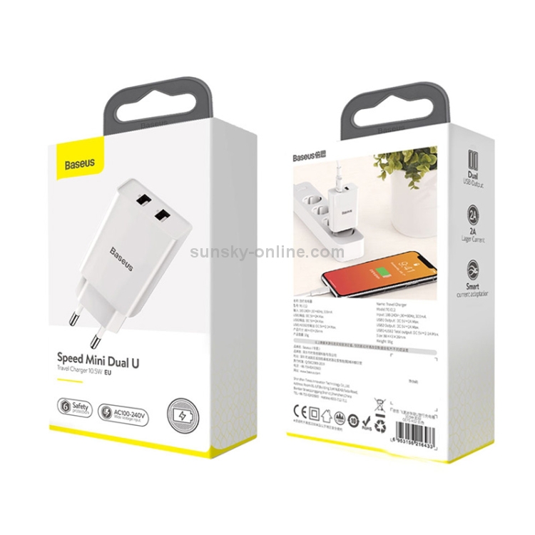 Baseus Speed Mini Series 10.5W Dual USB Travel Charger, EU Plug(White) Baseus Speed Mini Series 10.5W Dual USB Travel Charger, EU Plug(White)
