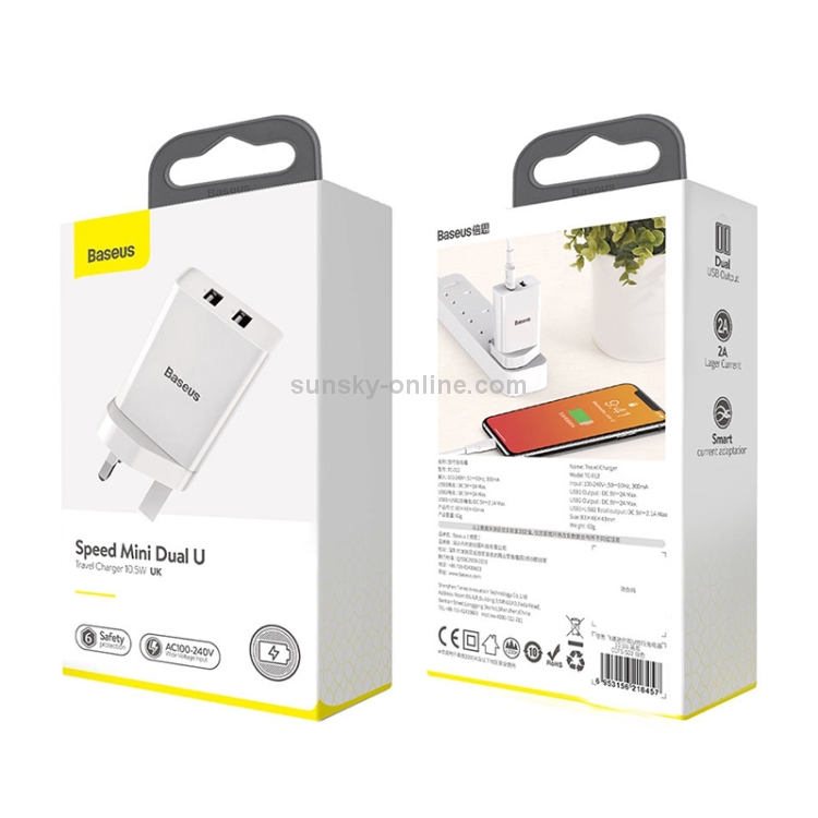 Baseus Speed Mini Series 10.5W Dual USB Travel Charger, UK Plug(White) Baseus Speed Mini Series 10.5W Dual USB Travel Charger, UK Plug(White)