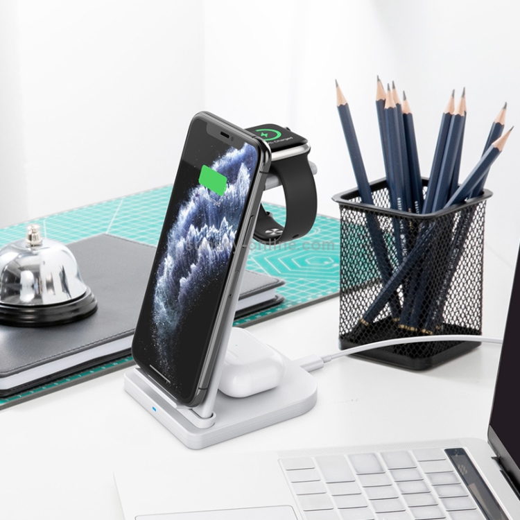 10W 3 in 1 QC 3.0 Vertical Multi-function Wireless Charger with Stand Function, Suitable for Mobile Phones / Apple Watch / AirPods (White) 10W 3 in 1 QC 3.0 Vertical Multi-function Wireless Charger with Stand Function, Suitable for Mobile Phones / Apple Watch / AirPods (White)