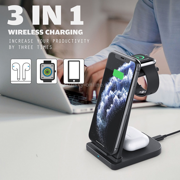 10W 3 in 1 QC 3.0 Vertical Multi-function Wireless Charger with Stand Function, Suitable for Mobile Phones / Apple Watch / AirPods (White) 10W 3 in 1 QC 3.0 Vertical Multi-function Wireless Charger with Stand Function, Suitable for Mobile Phones / Apple Watch / AirPods (White)