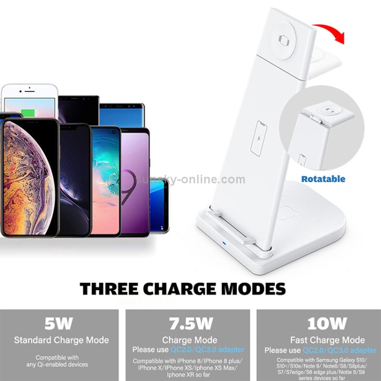10W 3 in 1 QC 3.0 Vertical Multi-function Wireless Charger with Stand Function, Suitable for Mobile Phones / Apple Watch / AirPods (White) 10W 3 in 1 QC 3.0 Vertical Multi-function Wireless Charger with Stand Function, Suitable for Mobile Phones / Apple Watch / AirPods (White)