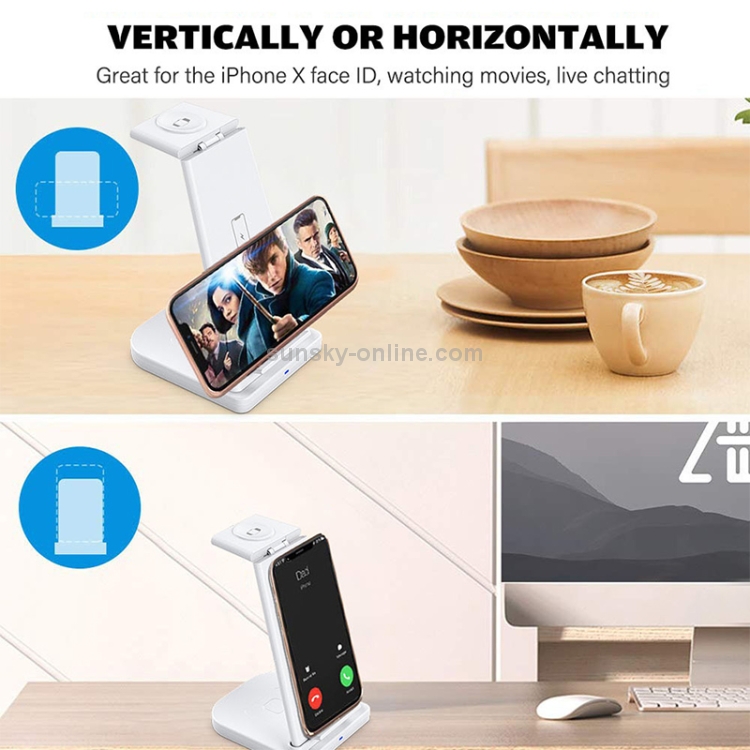 10W 3 in 1 QC 3.0 Vertical Multi-function Wireless Charger with Stand Function, Suitable for Mobile Phones / Apple Watch / AirPods (White) 10W 3 in 1 QC 3.0 Vertical Multi-function Wireless Charger with Stand Function, Suitable for Mobile Phones / Apple Watch / AirPods (White)