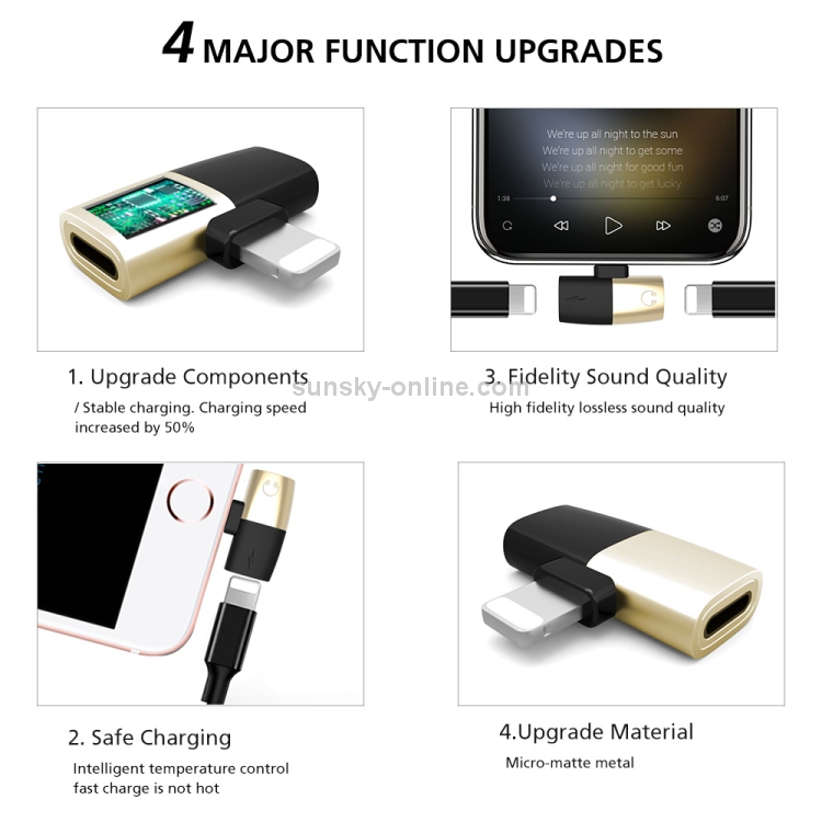 Q26 4 in 1 8 Pin + 8 Pin Female to 8 Pin Male Music + Wired Control + Call + Charging Aluminum Alloy Audio Adapter(Gold) Q26 4 in 1 8 Pin + 8 Pin Female to 8 Pin Male Music + Wired Control + Call + Charging Aluminum Alloy Audio Adapter(Gold)