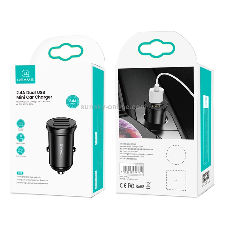 USAMS US-CC114 C20 2.4A Mini Dual USB Car Charger (Black) USAMS US-CC114 C20 2.4A Mini Dual USB Car Charger (Black)