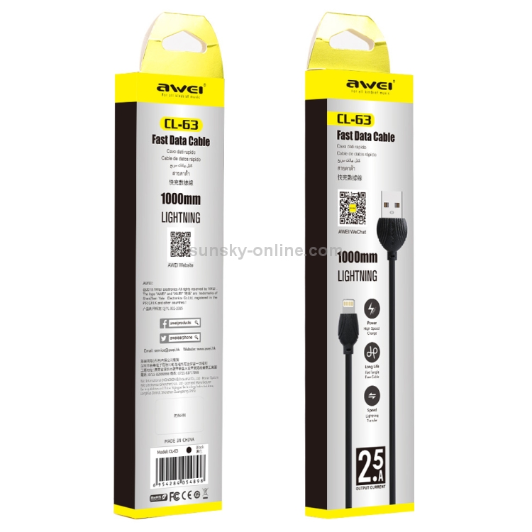 awei CL-63 2.5A 8 Pin Charging + Transmission Aluminum Alloy Data Cable, Length: 1m(Black) awei CL-63 2.5A 8 Pin Charging + Transmission Aluminum Alloy Data Cable, Length: 1m(Black)