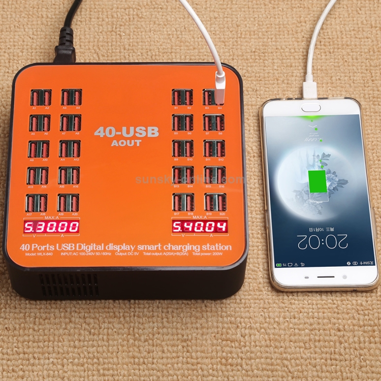 WLX-840 200W 40 Ports USB Digital Display Smart Charging Station AC100-240V, US Plug (Black+Orange)