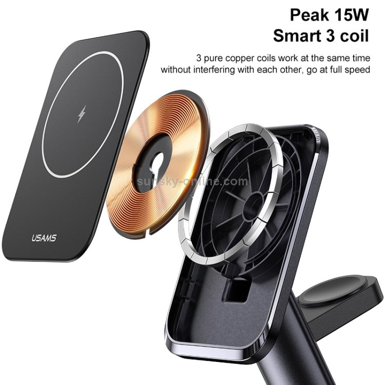 USAMS US-CC150 3 In 1 Multi-function Wireless Charger for iPhone / iWatch / AirPods (Black) USAMS US-CC150 3 In 1 Multi-function Wireless Charger for iPhone / iWatch / AirPods (Black)