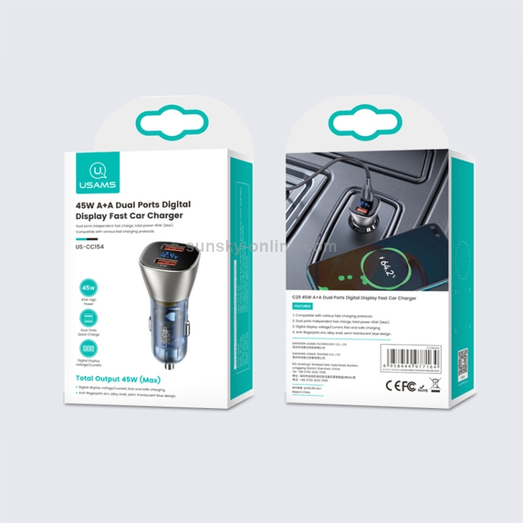 USAMS US-CC154-1 C29 45W Zinc Alloy Dual USB Fast Charging Digital Display Car Charger USAMS US-CC154-1 C29 45W Zinc Alloy Dual USB Fast Charging Digital Display Car Charger