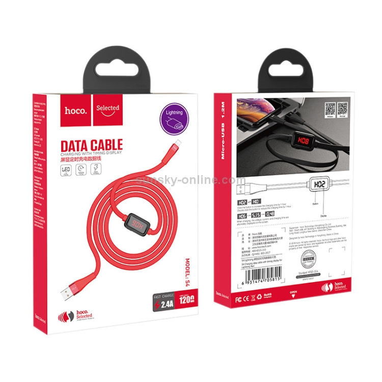 Hoco S4 1.2m 2.4A 8 Pin to USB Data Sync Charging Cable with Display & Timing Hoco S4 1.2m 2.4A 8 Pin to USB Data Sync Charging Cable with Display & Timing