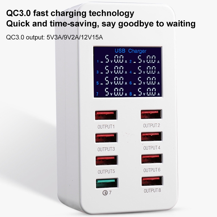 A8 50W 8 Ports USB + QC3.0 Smart Charging Station with Digital Display AC100-240V, UK Plug A8 50W 8 Ports USB + QC3.0 Smart Charging Station with Digital Display AC100-240V, UK Plug