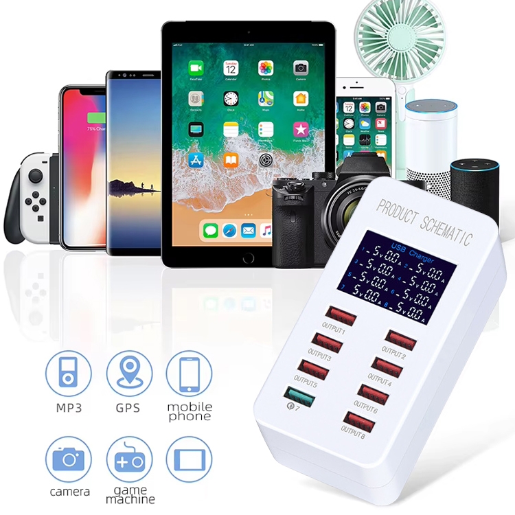 A8 50W 8 Ports USB + QC3.0 Smart Charging Station with Digital Display AC100-240V, UK Plug A8 50W 8 Ports USB + QC3.0 Smart Charging Station with Digital Display AC100-240V, UK Plug