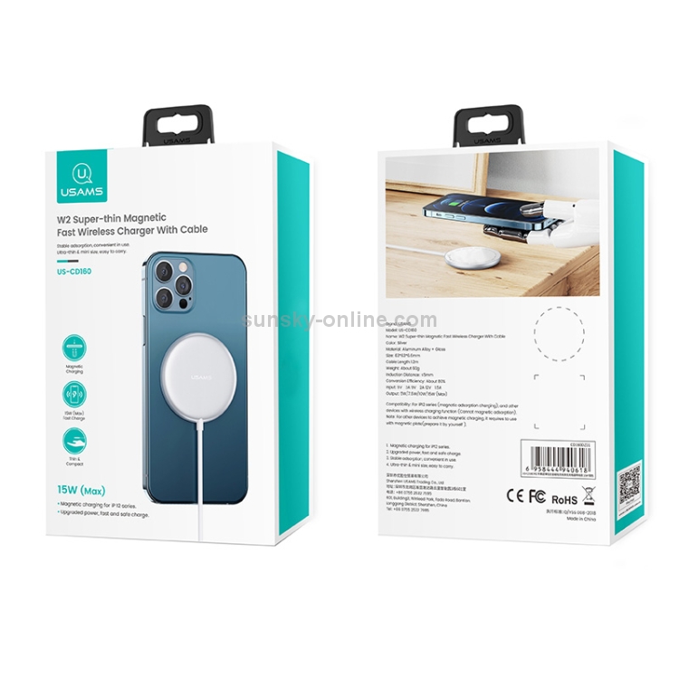 USAMS US-CD160 W2 15W Ultra-thin Wireless Fast Charger with Cable For iPhone 12 Series (Silver) USAMS US-CD160 W2 15W Ultra-thin Wireless Fast Charger with Cable For iPhone 12 Series (Silver)