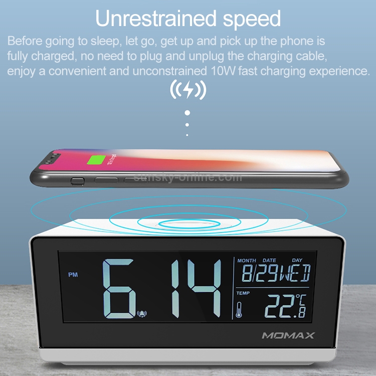 Momax 10W Qi Standard Three Modes Fast Charging Wireless Charger Multi-functional LCD Alarm Clock for iPhone / Android Momax 10W Qi Standard Three Modes Fast Charging Wireless Charger Multi-functional LCD Alarm Clock for iPhone / Android
