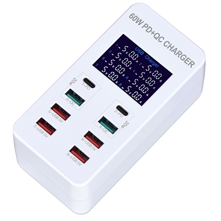 A8T 60W 8 Ports USB + QC3.0 + PD Type-C Smart Charging Station with Digital Display AC100-240V, US Plug A8T 60W 8 Ports USB + QC3.0 + PD Type-C Smart Charging Station with Digital Display AC100-240V, US Plug