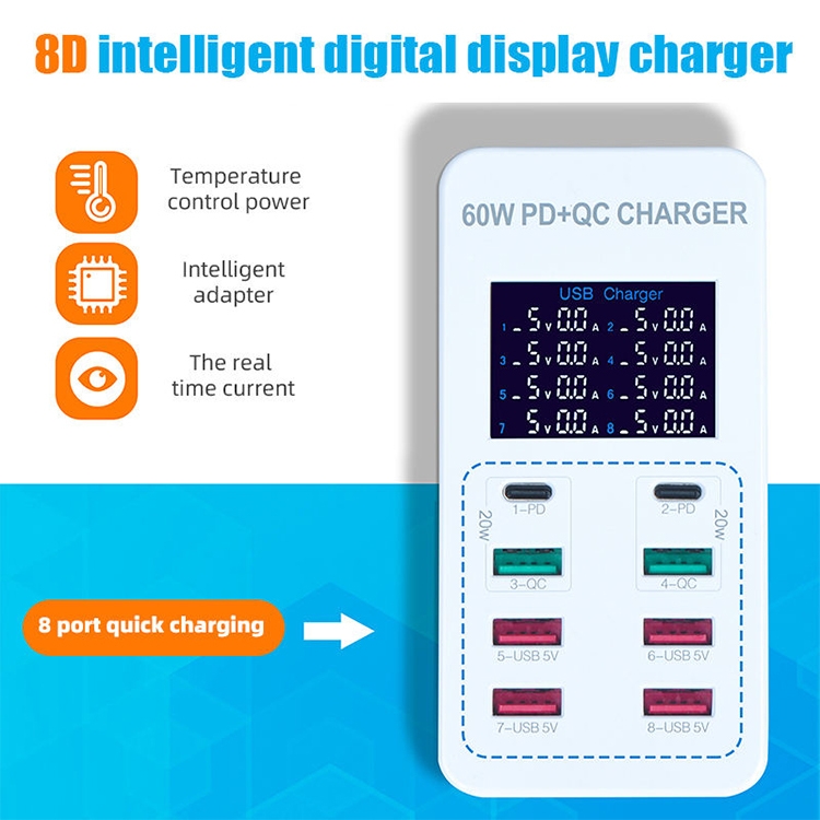 A8T 60W 8 Ports USB + QC3.0 + PD Type-C Smart Charging Station with Digital Display AC100-240V, US Plug A8T 60W 8 Ports USB + QC3.0 + PD Type-C Smart Charging Station with Digital Display AC100-240V, US Plug