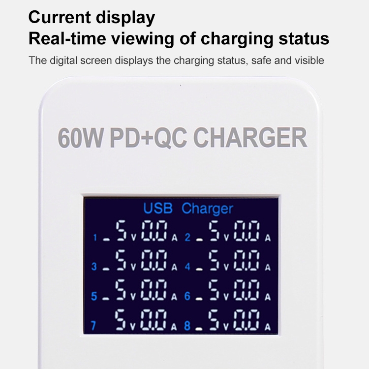 A8T 60W 8 Ports USB + QC3.0 + PD Type-C Smart Charging Station with Digital Display AC100-240V, US Plug A8T 60W 8 Ports USB + QC3.0 + PD Type-C Smart Charging Station with Digital Display AC100-240V, US Plug