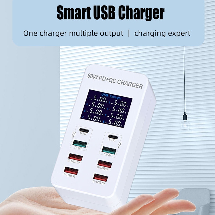 A8T 60W 8 Ports USB + QC3.0 + PD Type-C Smart Charging Station with Digital Display AC100-240V, US Plug A8T 60W 8 Ports USB + QC3.0 + PD Type-C Smart Charging Station with Digital Display AC100-240V, US Plug
