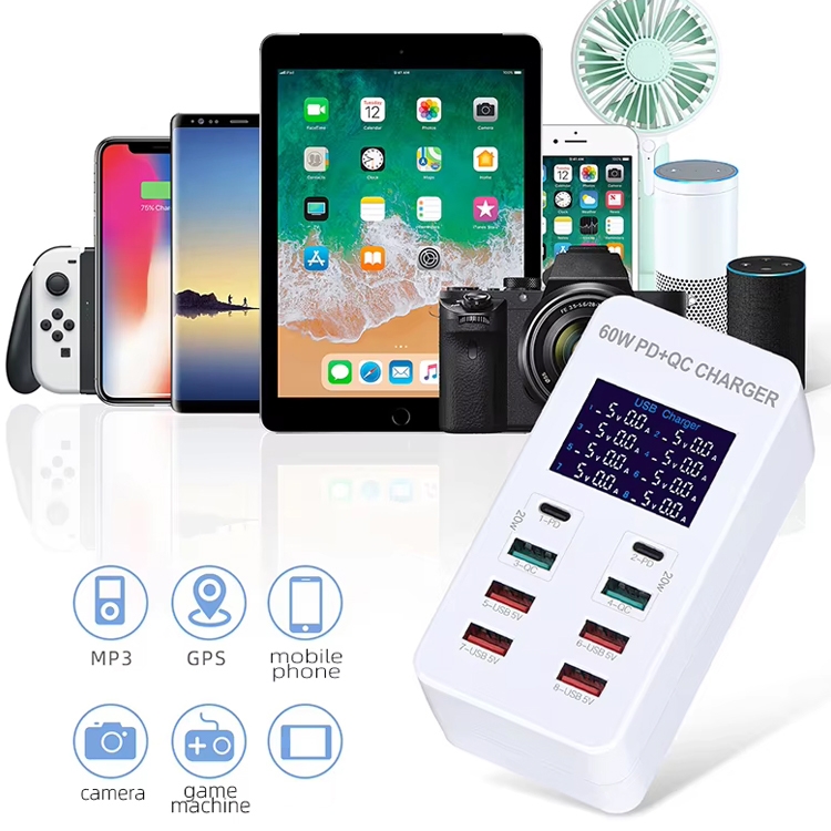 A8T 60W 8 Ports USB + QC3.0 + PD Type-C Smart Charging Station with Digital Display AC100-240V, US Plug A8T 60W 8 Ports USB + QC3.0 + PD Type-C Smart Charging Station with Digital Display AC100-240V, US Plug