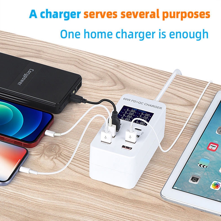 A8T 60W 8 Ports USB + QC3.0 + PD Type-C Smart Charging Station with Digital Display AC100-240V, US Plug A8T 60W 8 Ports USB + QC3.0 + PD Type-C Smart Charging Station with Digital Display AC100-240V, US Plug