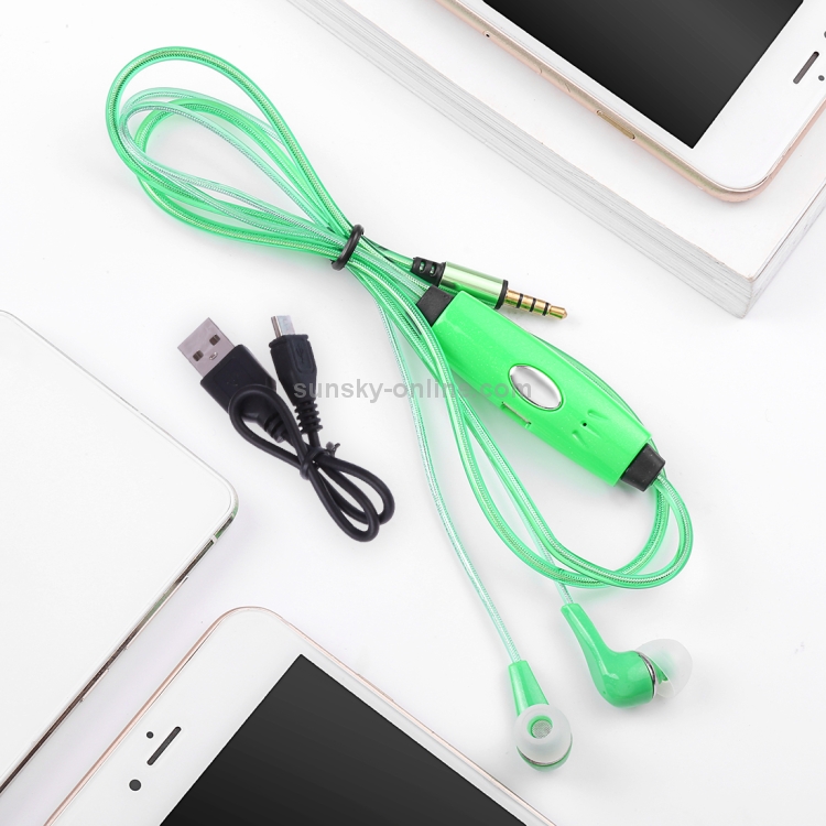 1m 3.5mm Plug Universal Stereo Visible EL Flowing Light Earphones with Mic (Green) 1m 3.5mm Plug Universal Stereo Visible EL Flowing Light Earphones with Mic (Green)