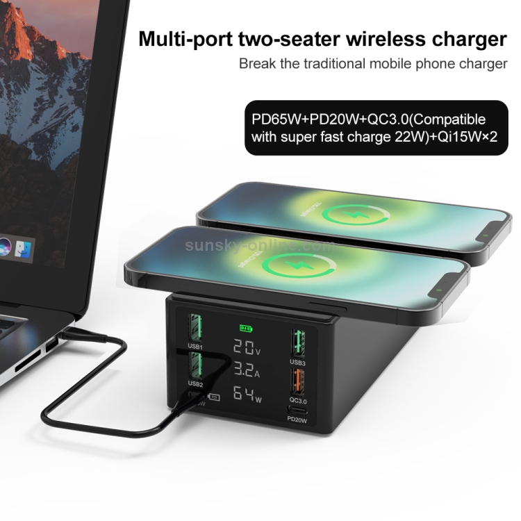 HHW-888W Multi-ports Two-seater Wireless Charger (Black) - 2