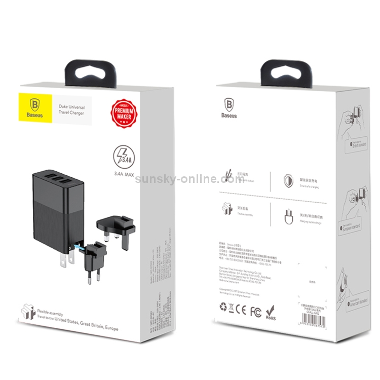 Baseus Duke 3.4A Total Output 3 USB Universal Travel Charger, AC 100-240V Baseus Duke 3.4A Total Output 3 USB Universal Travel Charger, AC 100-240V