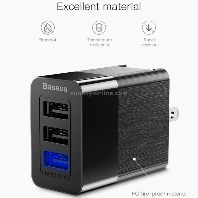 Baseus Duke 3.4A Total Output 3 USB Universal Travel Charger, AC 100-240V Baseus Duke 3.4A Total Output 3 USB Universal Travel Charger, AC 100-240V