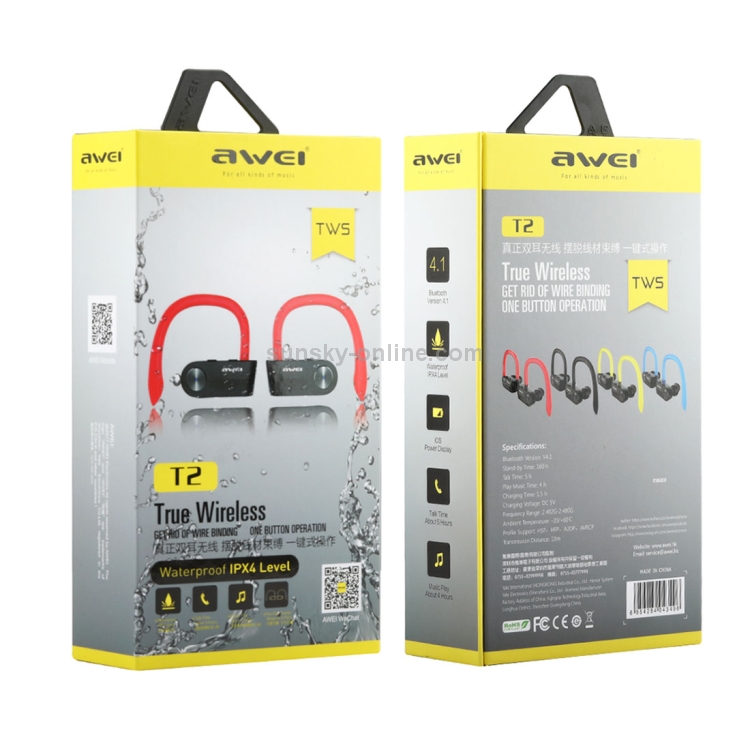 AWEI T2 Sports Headset IPX4 Waterproof Wireless Bluetooth V4.2 In-ear Stereo Earphone, Support TWS AWEI T2 Sports Headset IPX4 Waterproof Wireless Bluetooth V4.2 In-ear Stereo Earphone, Support TWS