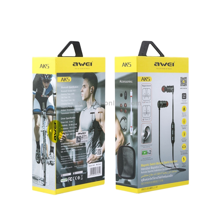 AWEI AK5 Sports Waterproof Earphone Wireless Bluetooth In-ear Headphone with Mic & Smart Magnetic Auto Swtich AWEI AK5 Sports Waterproof Earphone Wireless Bluetooth In-ear Headphone with Mic & Smart Magnetic Auto Swtich