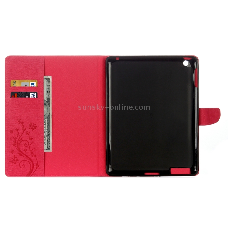 For iPad 4 Pressed Flowers Butterfly Pattern Horizontal Flip PU Leather Case with Magnetic Buckle & Holder & Card Slots & Wallet(Magenta)