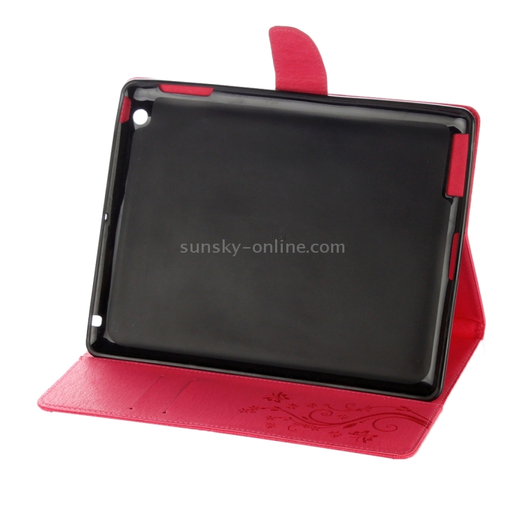For iPad 4 Pressed Flowers Butterfly Pattern Horizontal Flip PU Leather Case with Magnetic Buckle & Holder & Card Slots & Wallet(Magenta)