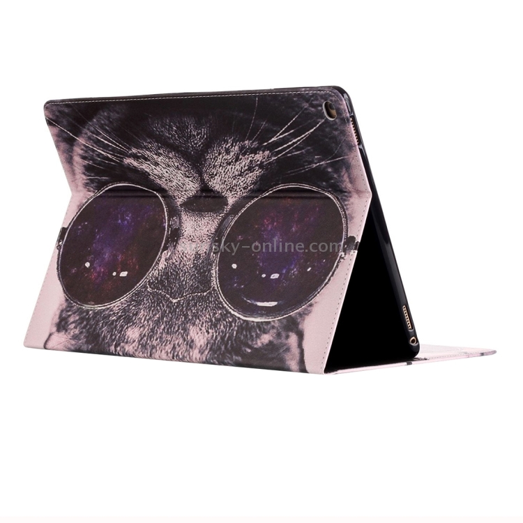 For iPad Pro 12.9 inch Painting Wearing Glasses Cat Pattern Horizontal Flip Leather Case with Holder