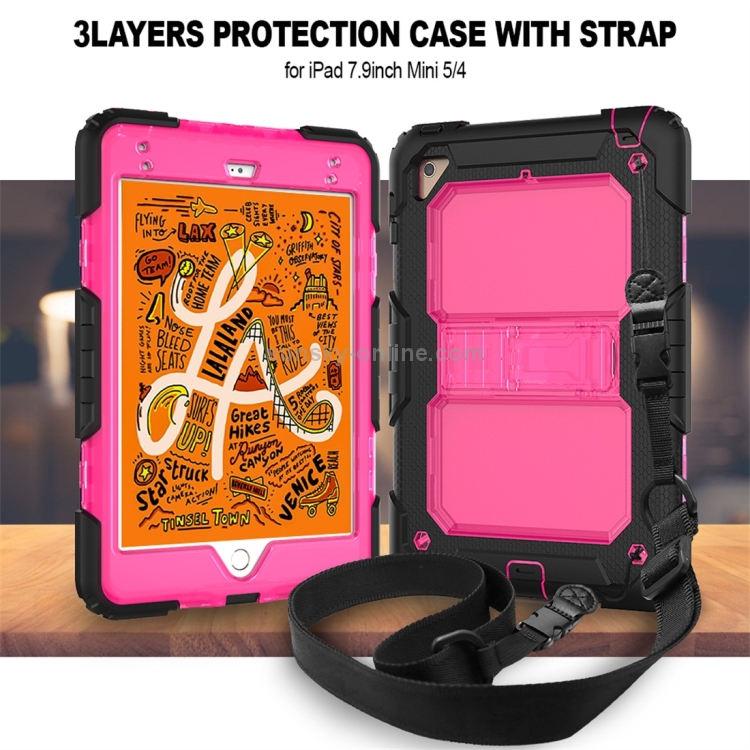 Shockproof Transparent PC + Silica Gel Protective Case for iPad Mini 2019 / Mini 4, with Holder & Shoulder Strap(Rose Red) Shockproof Transparent PC + Silica Gel Protective Case for iPad Mini 2019 / Mini 4, with Holder & Shoulder Strap(Rose Red)