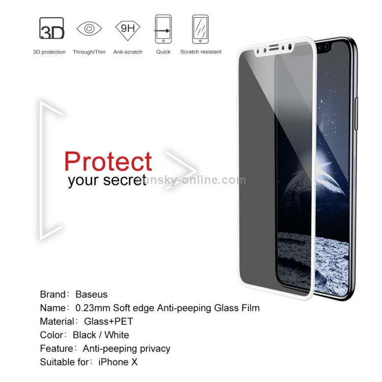 For iPhone X Baseus 0.23mm Soft Edge Anti-peeping Tempered Glass Film(White) For iPhone X Baseus 0.23mm Soft Edge Anti-peeping Tempered Glass Film(White)
