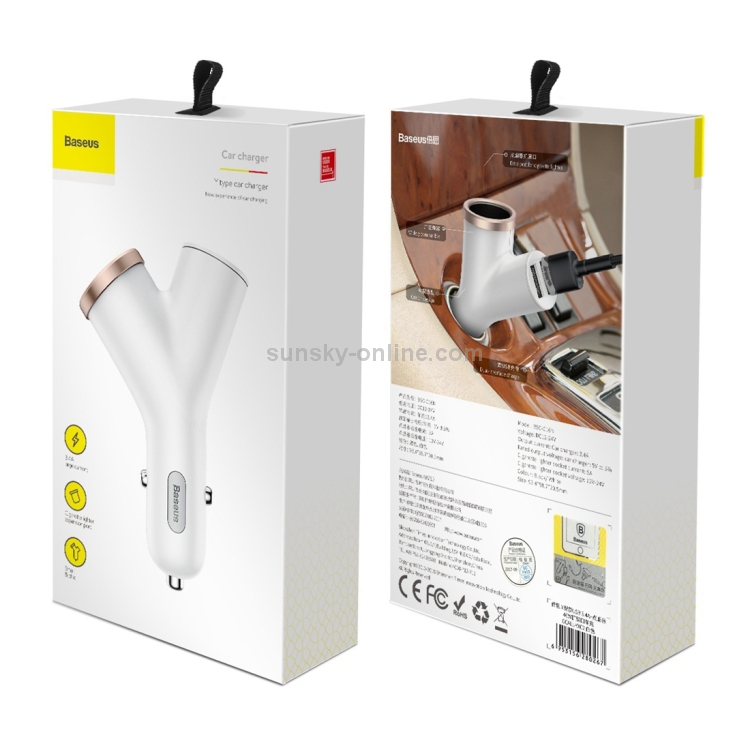 Baseus Y Type Dual USB + Cigarette Lighter Extended Car Charger(White) Baseus Y Type Dual USB + Cigarette Lighter Extended Car Charger(White)