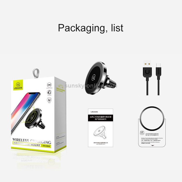 USAMS US-CD44 Qi Standard Wireless Charger Magnetic Car Air Vent Mount (Black) USAMS US-CD44 Qi Standard Wireless Charger Magnetic Car Air Vent Mount (Black)
