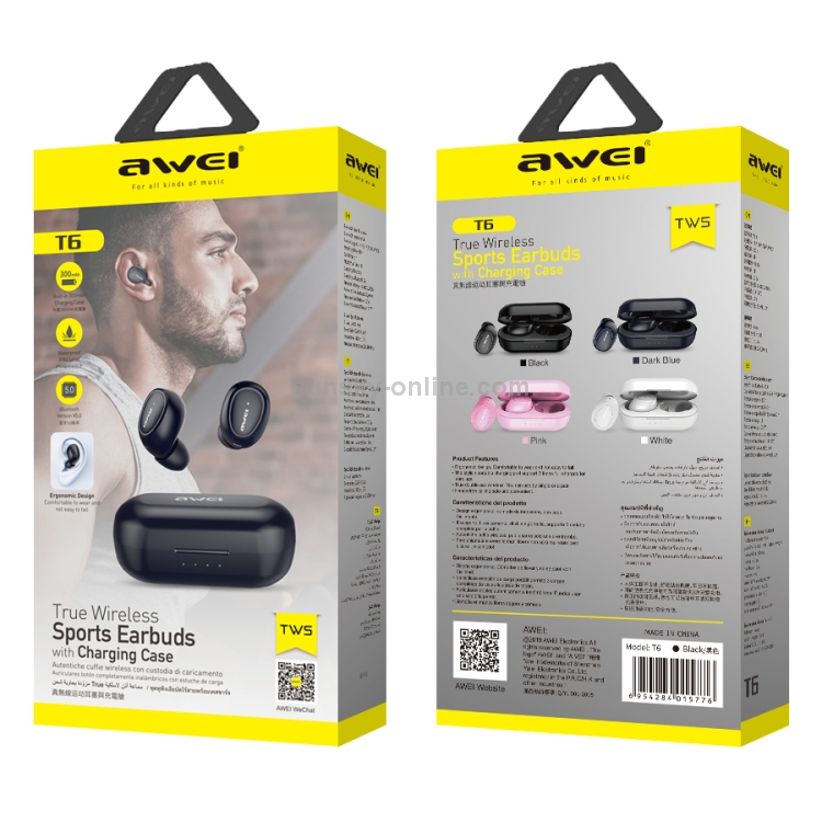 awei T6 TWS Bluetooth V5.0 Ture Wireless Sports Headset with Charging Case Black