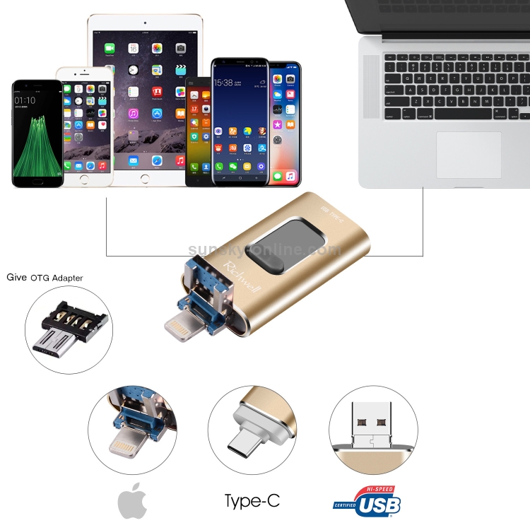 Richwell 3 in 1 128G Type-C + 8 Pin + USB 3.0 Metal Push-pull Flash Disk with OTG Function(Silver) Richwell 3 in 1 128G Type-C + 8 Pin + USB 3.0 Metal Push-pull Flash Disk with OTG Function(Silver)