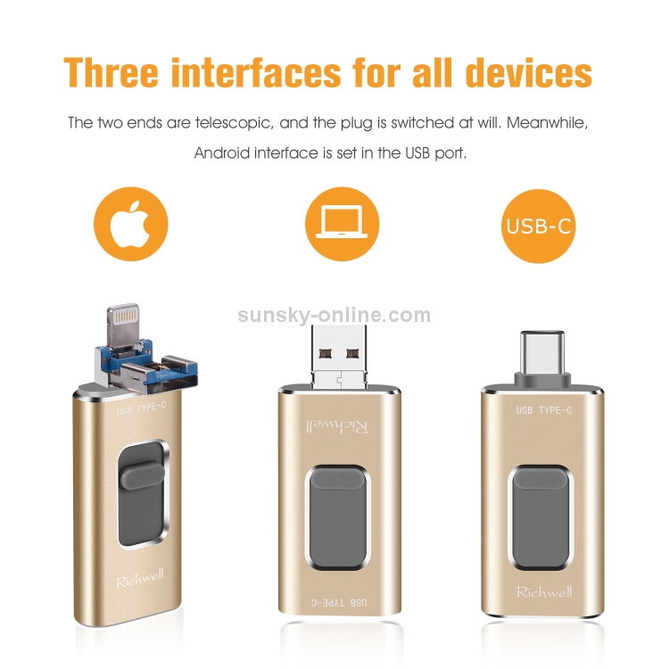 Richwell 3 in 1 128G Type-C + 8 Pin + USB 3.0 Metal Push-pull Flash Disk with OTG Function(Silver) Richwell 3 in 1 128G Type-C + 8 Pin + USB 3.0 Metal Push-pull Flash Disk with OTG Function(Silver)