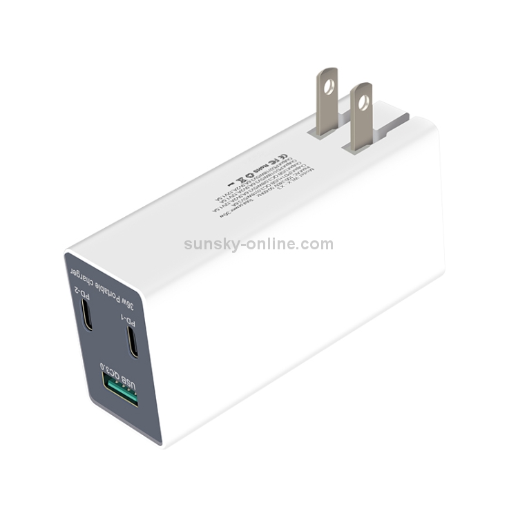 WLX-X3 36W 90 Degrees Foldable Pin Portable Multi-function USB Charger, US Plug