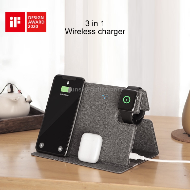 ROCK 3 in 1 Leather Portable Folding Wireless Charger for iPhone + iWatch + AirPods (Grey) ROCK 3 in 1 Leather Portable Folding Wireless Charger for iPhone + iWatch + AirPods (Grey)