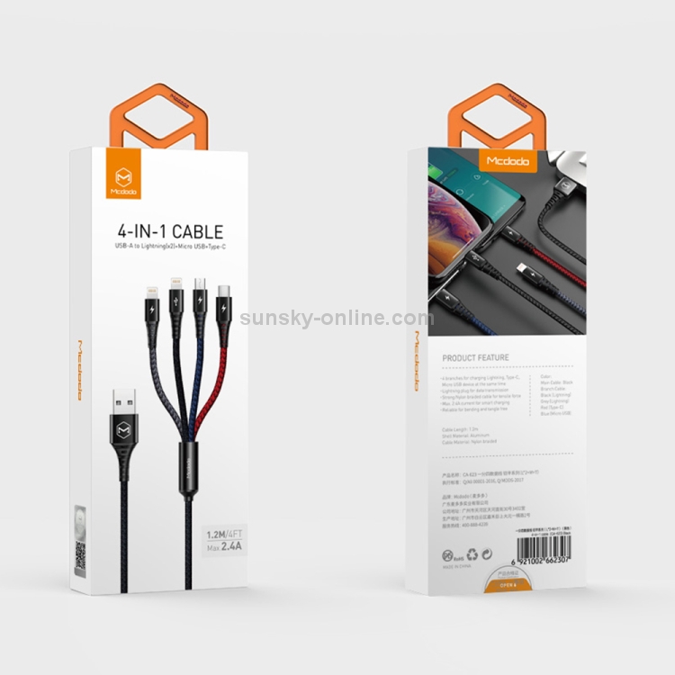 4 in 1 Mcdodo CA-6230 Armor Series Micro USB + 8 Pin + 8 Pin + Type-C to USB Cable, Length: 1.2m (Black) 4 in 1 Mcdodo CA-6230 Armor Series Micro USB + 8 Pin + 8 Pin + Type-C to USB Cable, Length: 1.2m (Black)