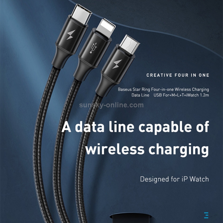 Baseus CA1T4-J0G Star Ring 0.12m 3A 4 in 1 USB-C / Type-C to 8 Pin + USB-C/Type-C + Micro USB Wireless Charging Cable(Dark Gray)