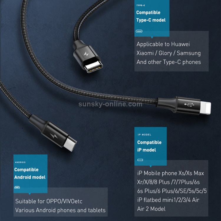 Baseus CA1T4-J0G Star Ring 0.12m 3A 4 in 1 USB-C / Type-C to 8 Pin + USB-C/Type-C + Micro USB Wireless Charging Cable(Dark Gray)
