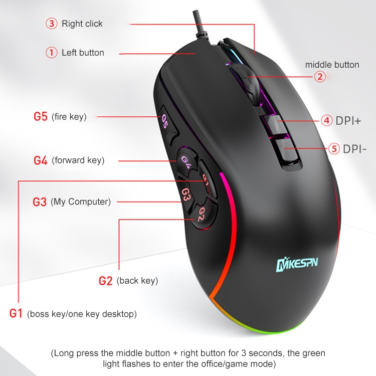 Mkespn X9 10 Boutons 7200dpi RGB Macro Définition Gaming Souris filaire