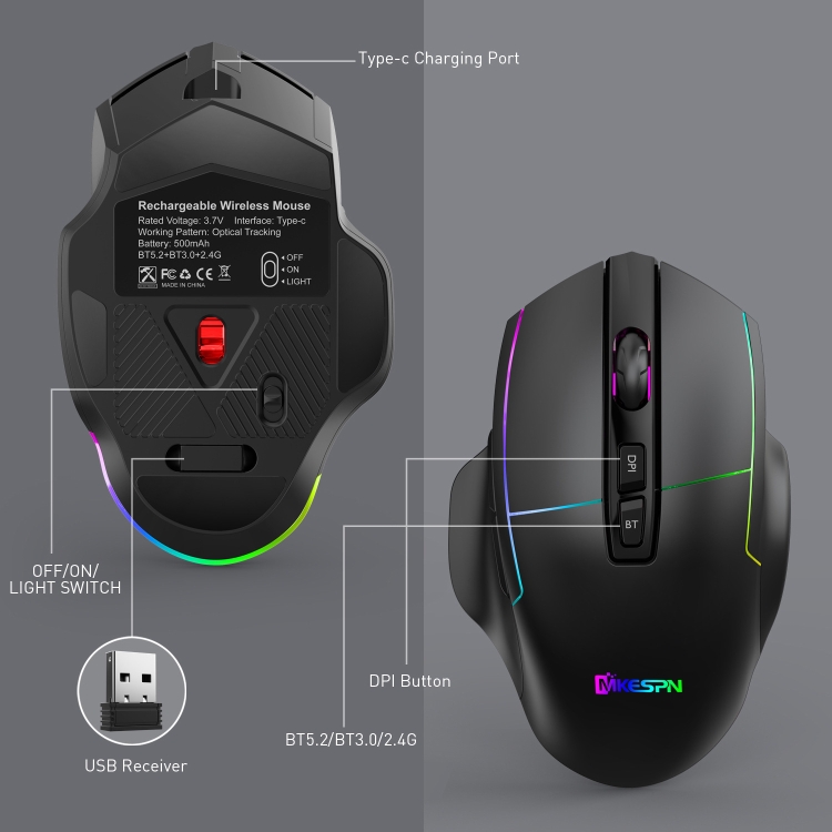 MKESPN X11 Bluetooth Three-modes Charging Wireless RGB Gaming Mouse - 5