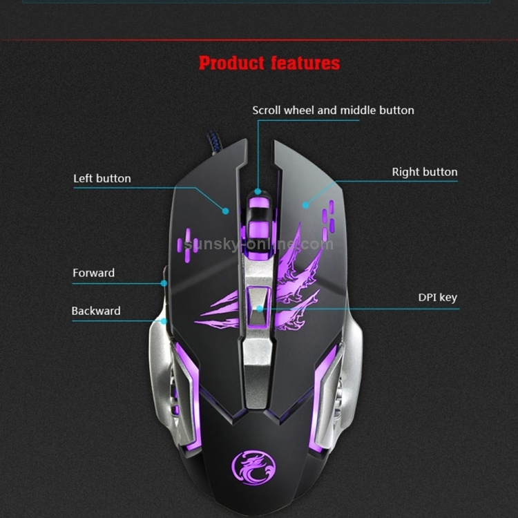 Apedra iMICE A8 High Precision Gaming Mouse LED Four Color Controlled Breathing Light USB 6 Buttons 3200 DPI Wired Optical Gaming Mouse for Computer PC Laptop(Black) - 7