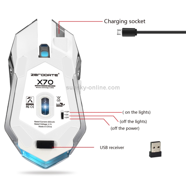 ZERODATE X70 2.4GHz Wireless 6-Keys 2400 DPI Ergonomía ajustable Ratón óptico para juegos con luz de respiración (Negro) - 7